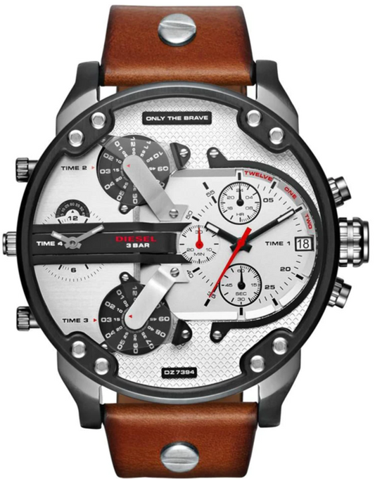 Diesel DZ7394 Mr. Daddy 2.0 Chronograph Men's Watch - Silver Dial & Brown Leather Strap